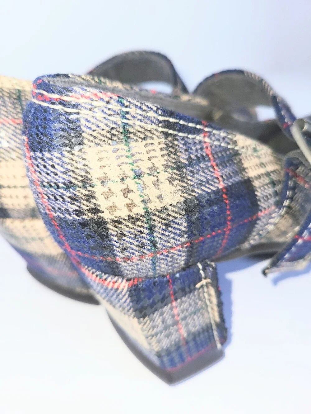 John Fluevog Benatar Blue Plaid Geometric Chunky Heel Mary Janes Size 7